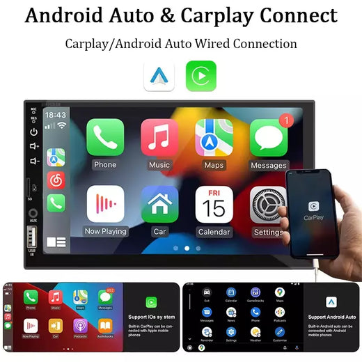 Carro Multimedia Player com Android Auto Carplay, HD Touch Screen, FM, Entrada AUX, Bluetooth, MirrorLink, Autoradio, 1 Din, 7 em