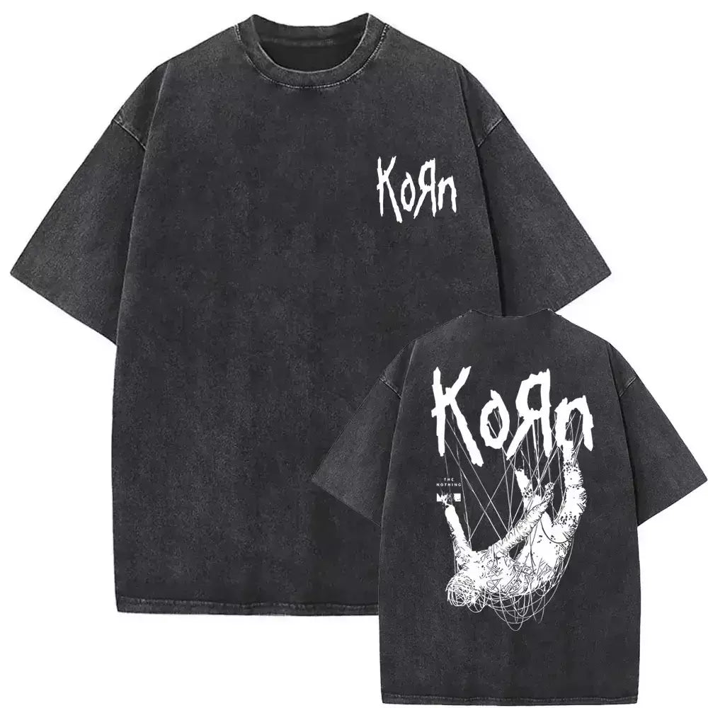 Camisetas com estampa de esqueleto masculinas, banda de rock vintage lavada, Korn caindo longe de mim, camiseta gótica, camiseta masculina extragrande, moda