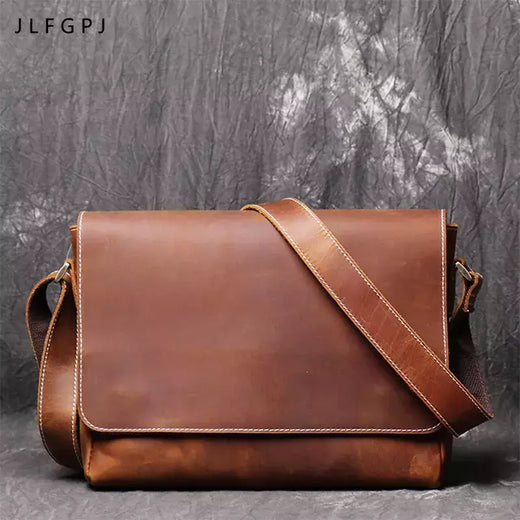 Retro masculino de couro genuíno de um ombro saco de cabeça camada de couro cruz estilo grande capacidade ocasional saco do mensageiro