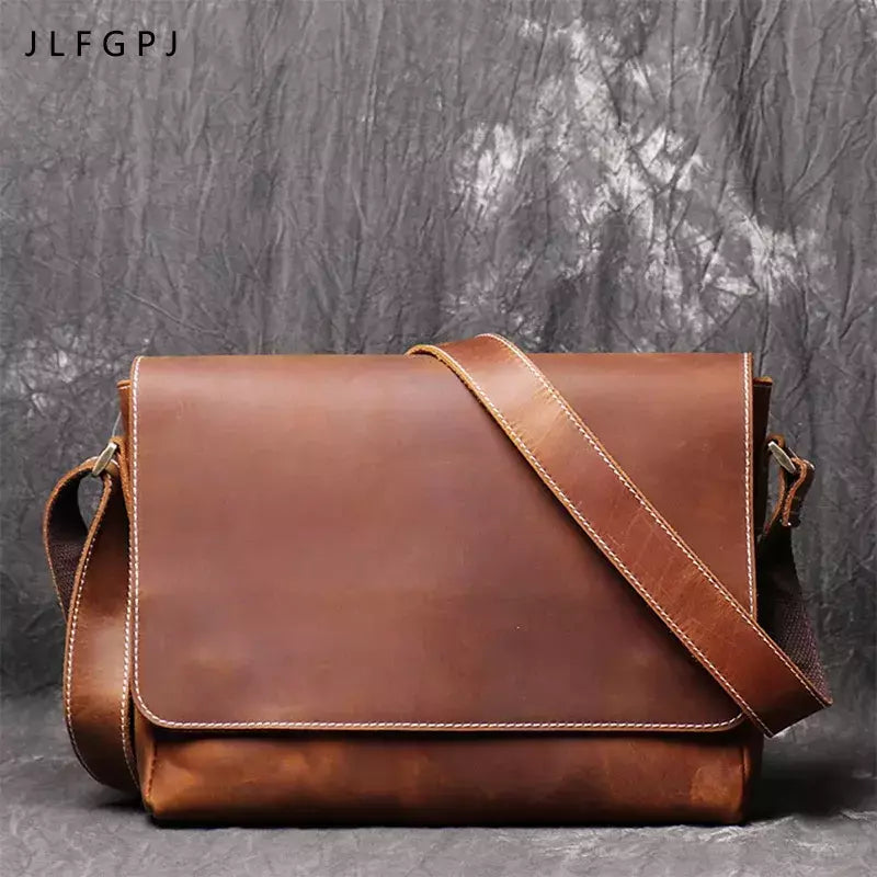 Retro masculino de couro genuíno de um ombro saco de cabeça camada de couro cruz estilo grande capacidade ocasional saco do mensageiro