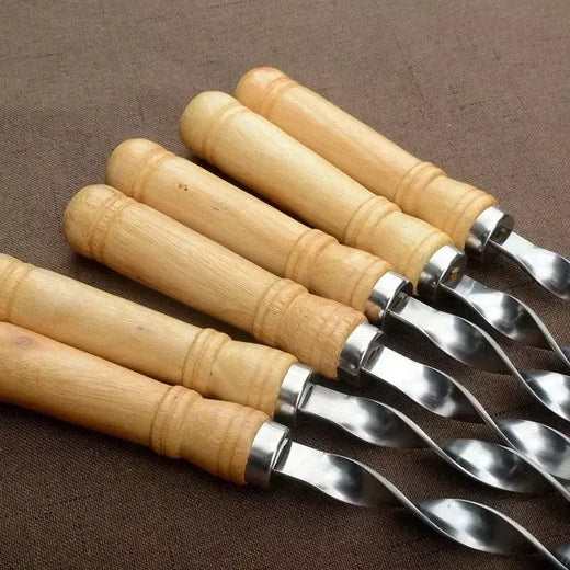 Espetos de churrasco de aço inoxidável alça longa 55cm alça de churrasco de madeira grande vara plana ao ar livre piquenique ferramentas de churrasco