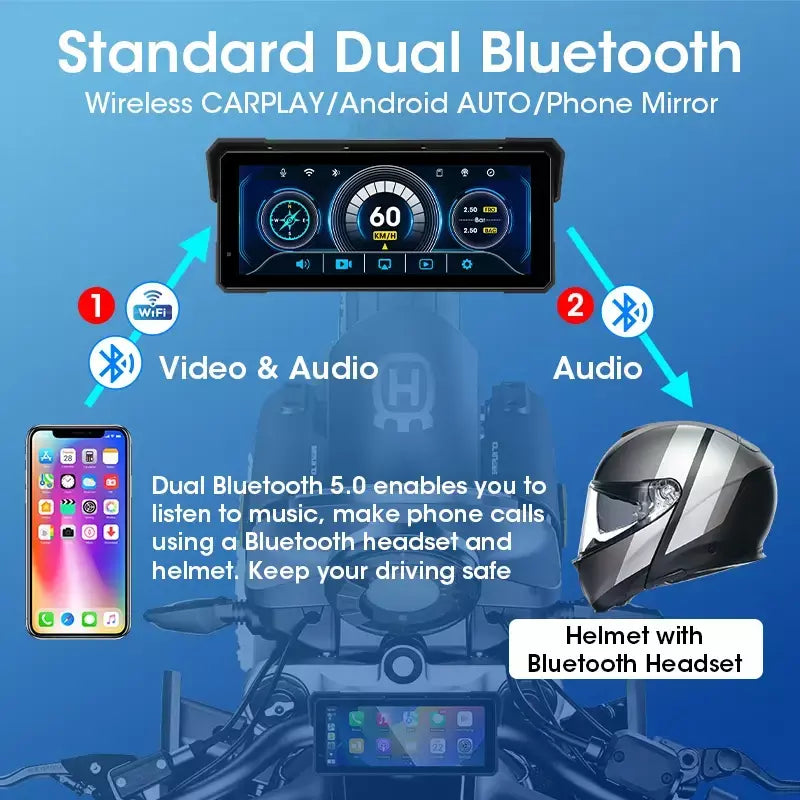 Jmcq portátil 8.1 polegada ip67 à prova dip67 água motocicleta 4k dvr navegação gps sem fio carplay android auto moto gravador monitor