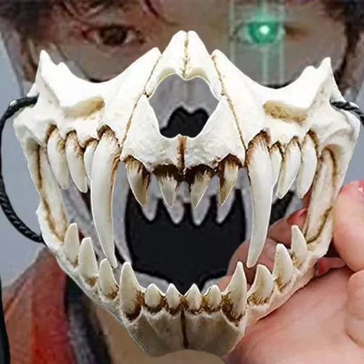 Festa crânio máscara dentes longos demônio esqueleto meia máscara facial lobo dragão tigre houjuu nue máscara cosplay traje de halloween adereços