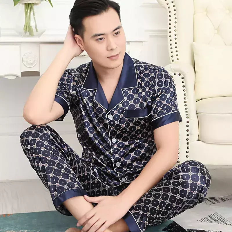 Conjuntos de pijama masculino de cetim de seda manga comprida, pijamas masculinos, camisola estampada, Casa, Soft Cozy Sleepwear Calças, Novo