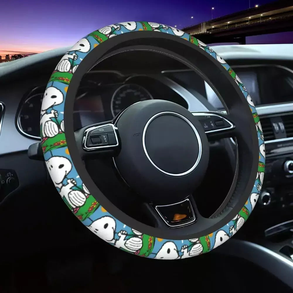 Capa de volante do carro vermelho snoopy woodstock universal trança dos desenhos animados na capa de volante estilo do carro acessórios automóveis