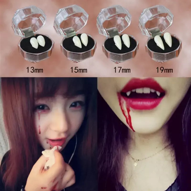 1 par de dentaduras de vampiro para halloween, adultos e crianças, festa de halloween, bola de máscaras, cosplay, cola sólida, dentes falsos, adereços de decoração diy