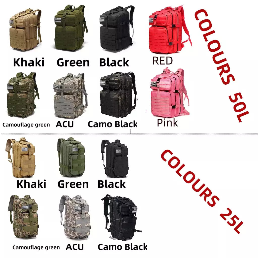 Impermeável Tactical Sports Bag, mochila de nylon resistente, mochilas ao ar livre para Trekking, pesca, caça, camping, caminhadas, 25L, 50L