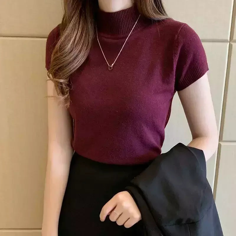 Mulheres topos e blusas verão manga curta blusa feminina blusas mujer de moda 2024 gola alta blusa de malha camisa topos c931