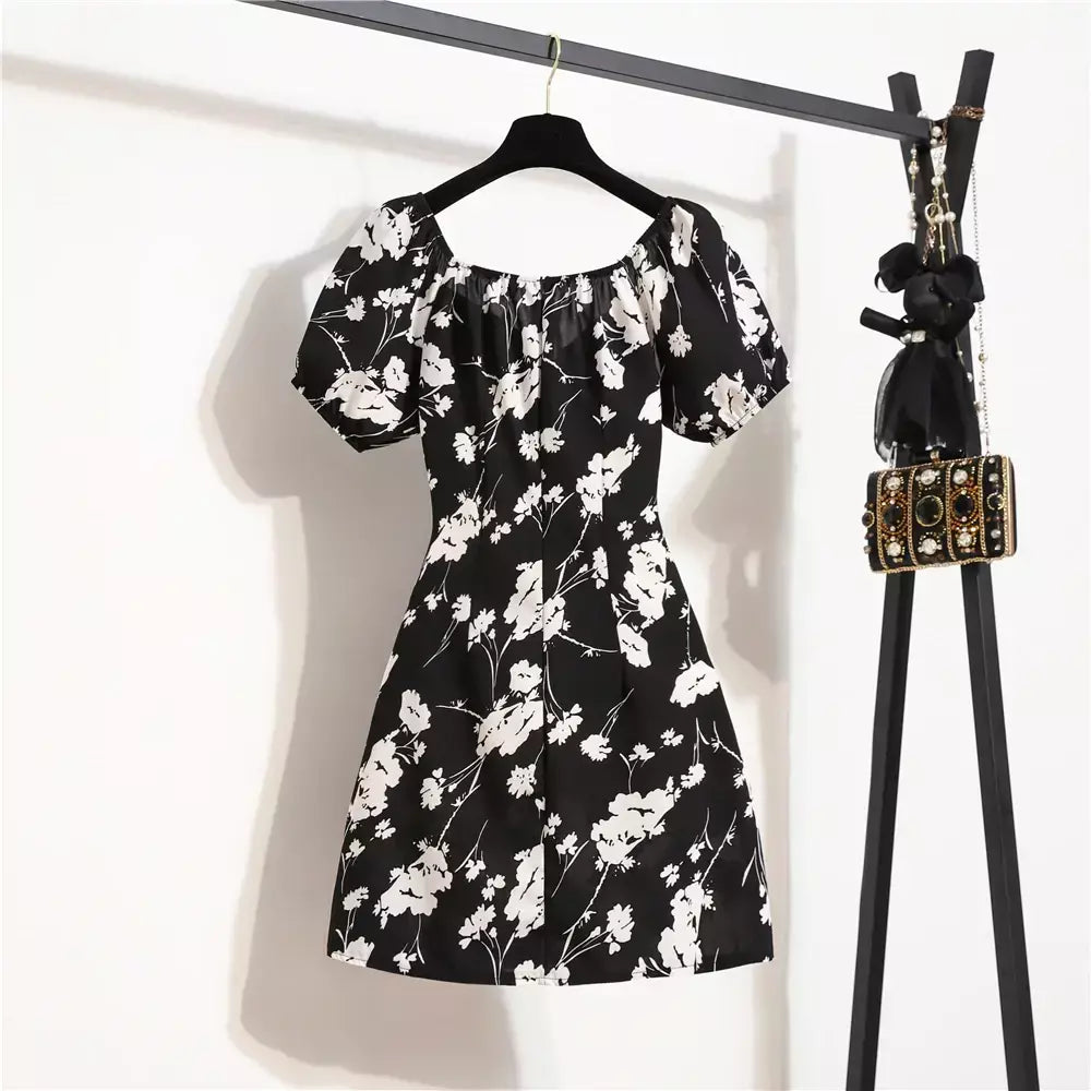 Mulheres mini vestidos de verão moda feminina vestidos impressão floral chiffon vestidos shirring plissado manga curta inchado vestido casual