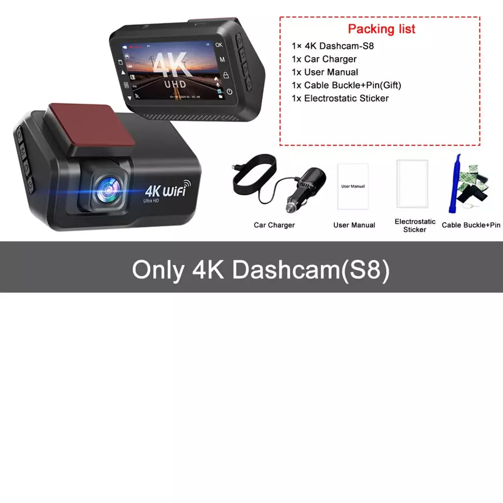 Kocam 4K UHD Dash Cam WiFi Carro DVR Dianteira e Traseira Lente Dupla Câmera Auto para Carro com Visão Noturna 24H Monitor de Estacionamento Caixa Preta