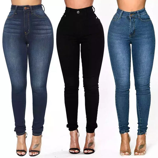 Calça jeans skinny com elástico de cintura alta feminina, calça comprida lápis, envoltório reto de perna, calça casual quadris, vintage, estreita, senhora