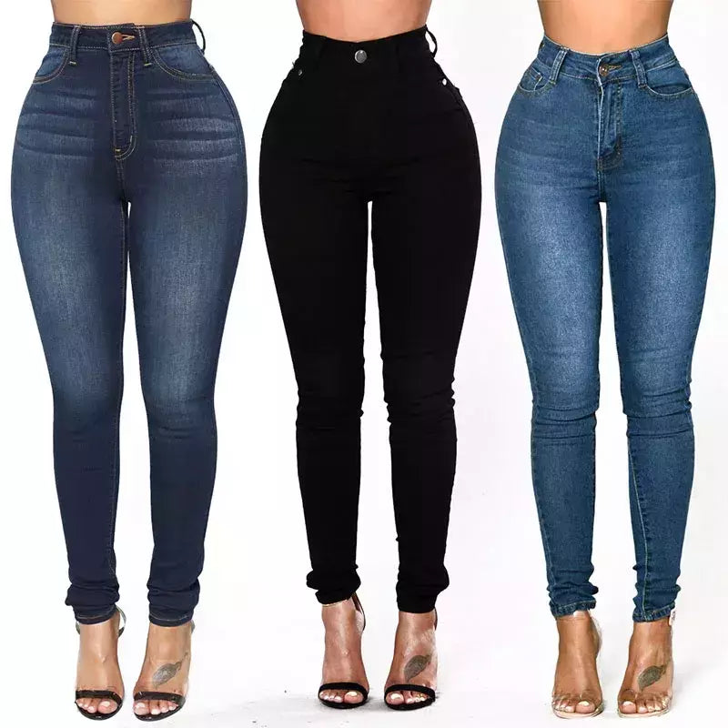 Calça jeans skinny com elástico de cintura alta feminina, calça comprida lápis, envoltório reto de perna, calça casual quadris, vintage, estreita, senhora