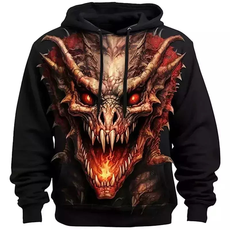 Moletom com capuz dragão estampado em 3D, pulôver casual, moletom de rua, roupas masculinas grandes, nova moda, outono e inverno