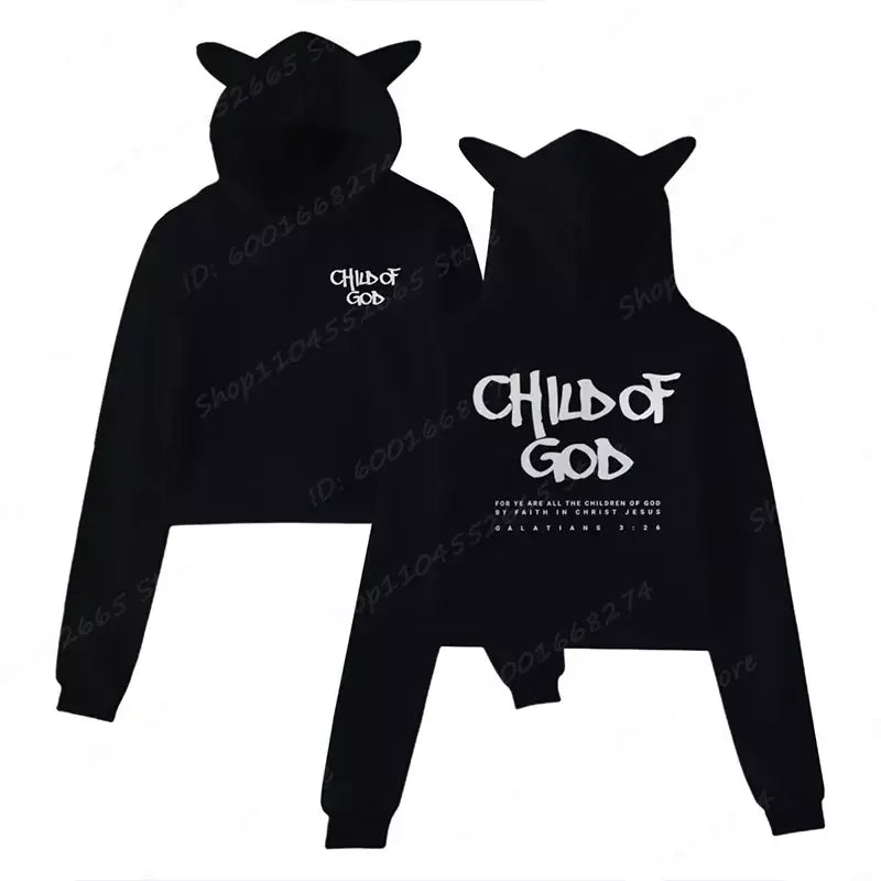 Eu sou um deus criança carta impressão recortada hoodies para mulheres cristão orar o senhor moletom manga longa pullovers curto topos
