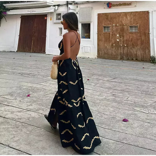 Vestido dividido sem costas sem mangas estampado feminino, sexy com decote em v, vestidos de cintura alta, férias na praia, verão, 2024