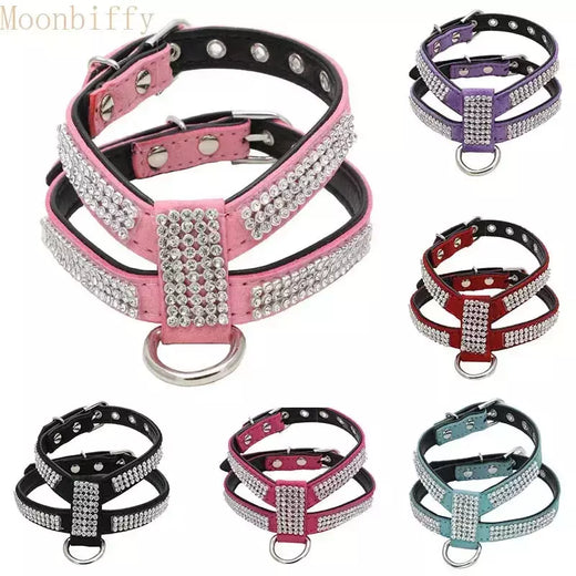 Coleira para cães, cinta peitoral ajustável, produtos para animais de estimação, coleira para cães, liberação rápida, brilhante, em forma de k, strass, couro pu