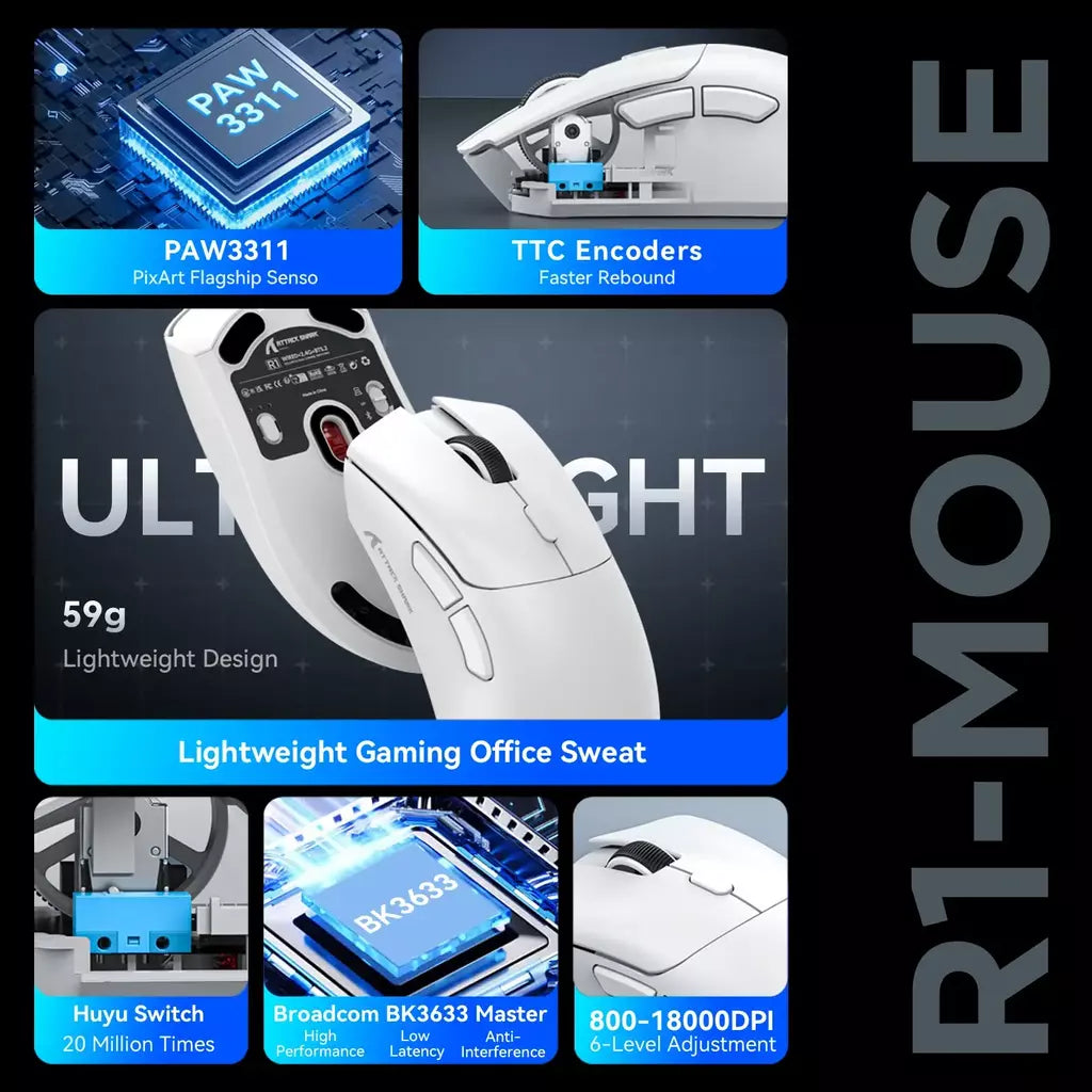 Mouse para jogos Bluetooth sem fio Attack Shark R1 X11, PAW3311, conectividade tri-mode, 59g leve, para PC, laptop e Mac