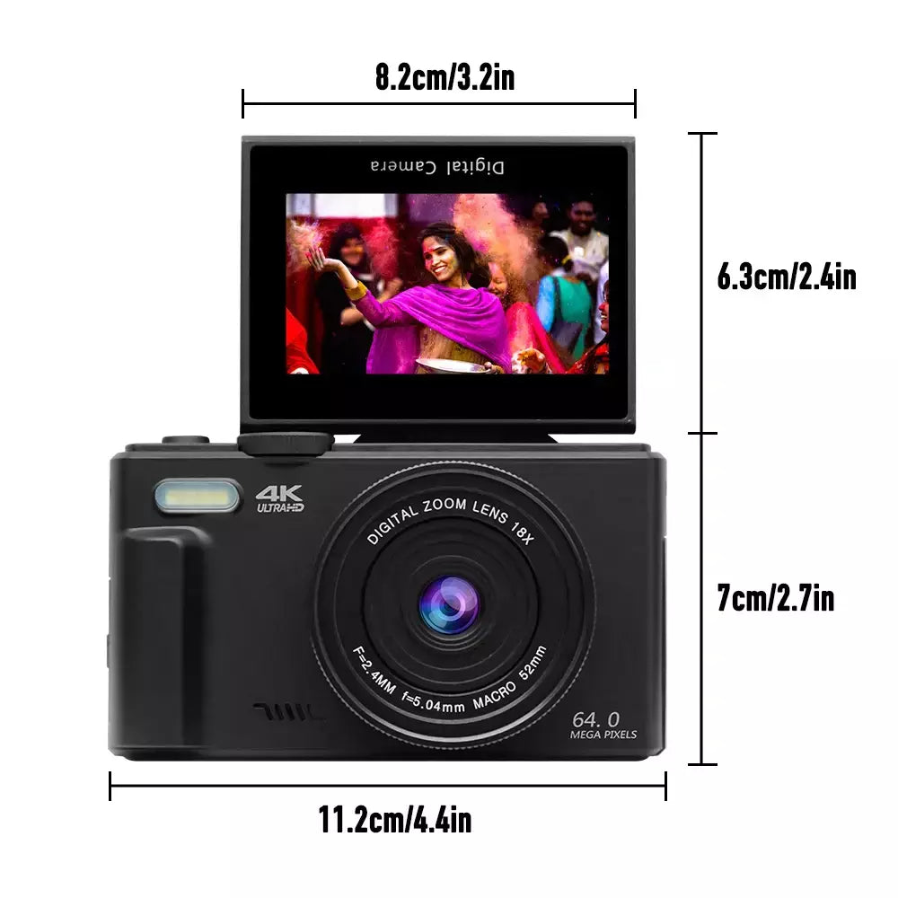 Câmera digital 4K para fotografia e câmera com zoom digital 18X Câmera compacta de vlogging de 64 MP 3 '' 180 ° Tela dobrável com flash