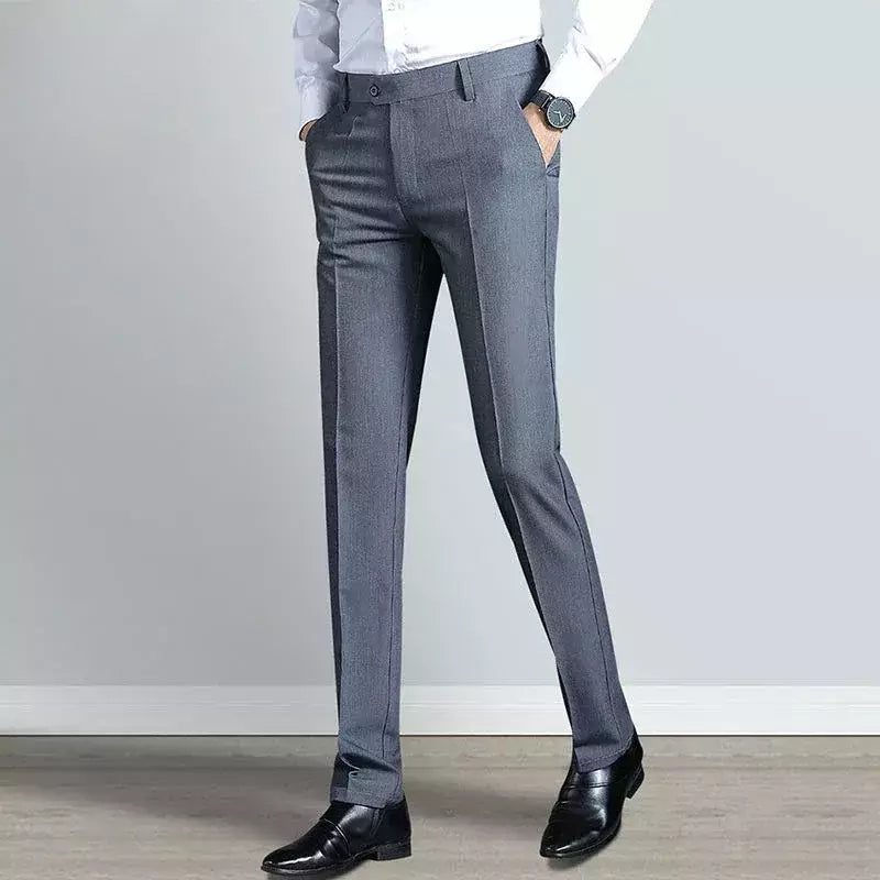 Calças de spandex clássicas masculinas, ternos cinza, calças de alfaiataria social, tecido formal, calças baratas, moda formal