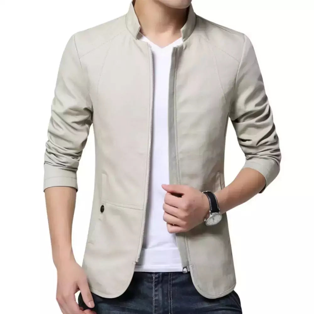 Blazer casual masculino com gola de suporte, jaqueta de negócios elegante, casaco monocromático com bolsos de zíper fino e fino, primavera e outono