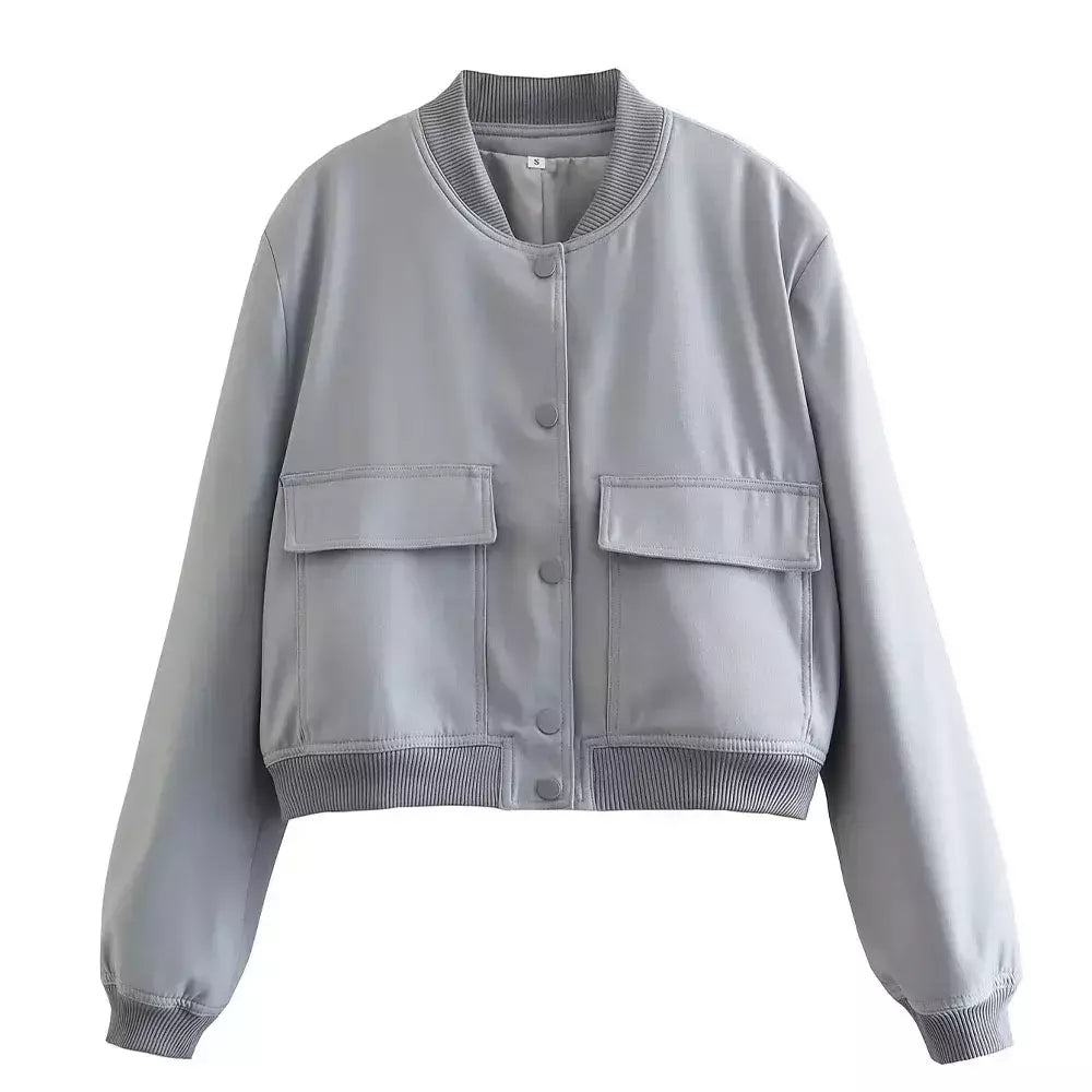 Jaqueta Bomber Cropped feminina, Casaco de manga comprida, Beisebol de botões, Casaco Aviador, Preto, Branco, Outono, Inverno