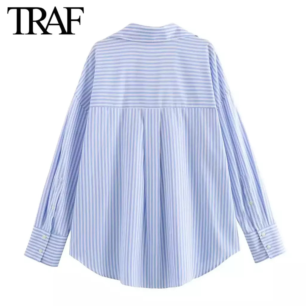 TRAF-Blusa Feminina de Algodão Lapela de Peito Único, Camisa Feminina, Tops de Manga Comprida Oxford, Chique Street Clothing, Moda Primavera