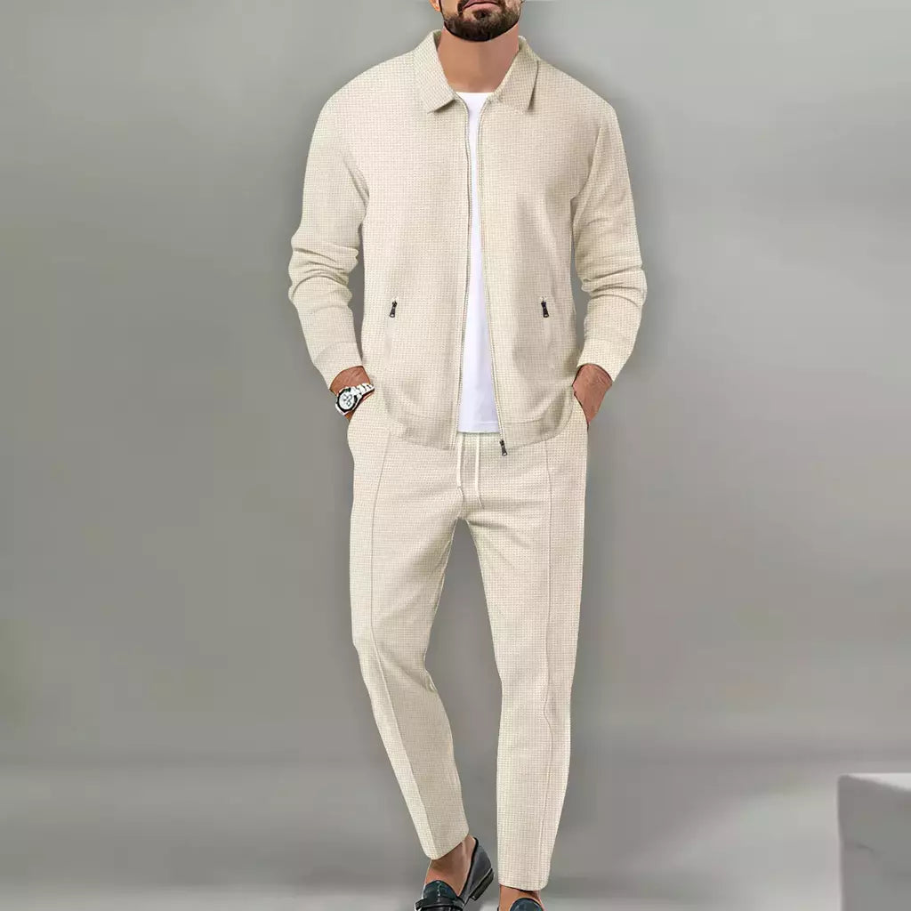 Conjunto de duas peças de waffle masculino, zíper de lapela, casaco monocromático, confortável casual, primavera e verão, best-seller