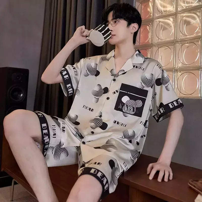 Pijama de seda gelo de duas peças masculino, shorts de manga curta, seção fina, estudante, terno homewear adolescente, verão, novo