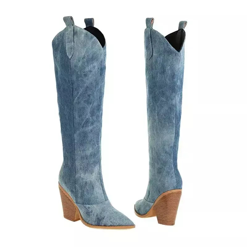 Denim ocidental mulheres joelho coxa botas altas novo 2024 outono inverno salto alto cowboy botas longas tamanho 43 deslizamento em sapatos femininos