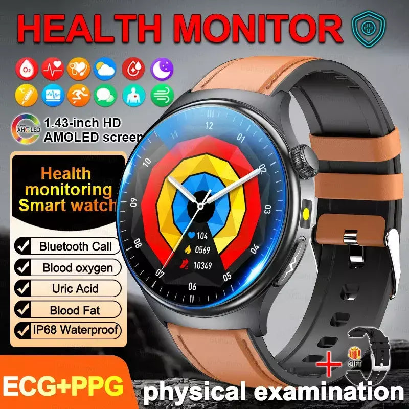 2026 novo relógio inteligente masculino feminino exame micro-físico ecg + ppg oxigênio no sangue ácido úrico pressão arterial safira smartwatch masculino