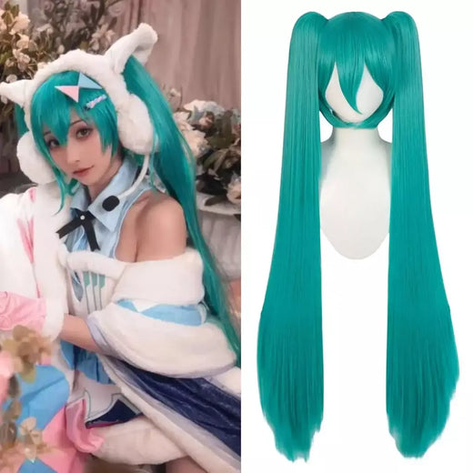 Peruca longa sintética verde com 2 rabos de cavalo para mulheres perucas miku longas e retas com franja para cosplay peruca para festa de halloween ?
