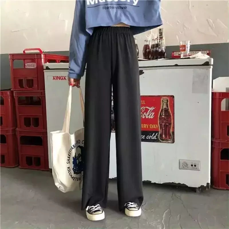 Elegante calça jeans de lã feminina, calça casual de cintura alta, perna reta, calça drapejada folgada, novo estilo, 2024