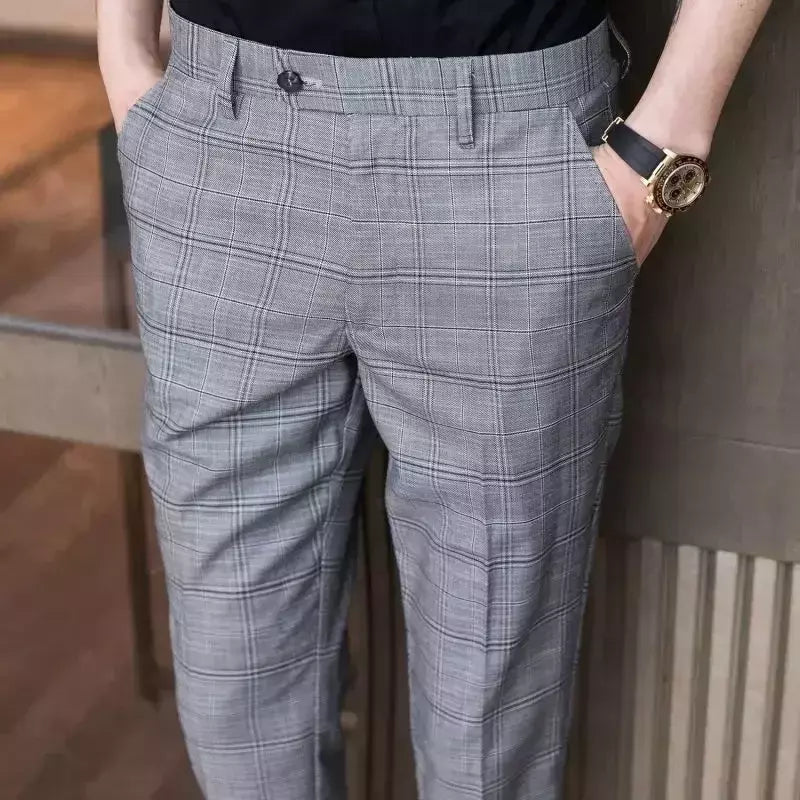 Xadrez masculino anti-rugas calças cortadas, roupas de grife casual, terno masculino reto, verão, fino, barato, designer, cheque, 9