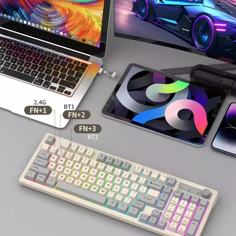 Teclado sem fio multifuncional, Luz do arco-íris, 2.4G, Bluetooth, Conexão de modo duplo, Adequado para computador e laptop, 98 teclas