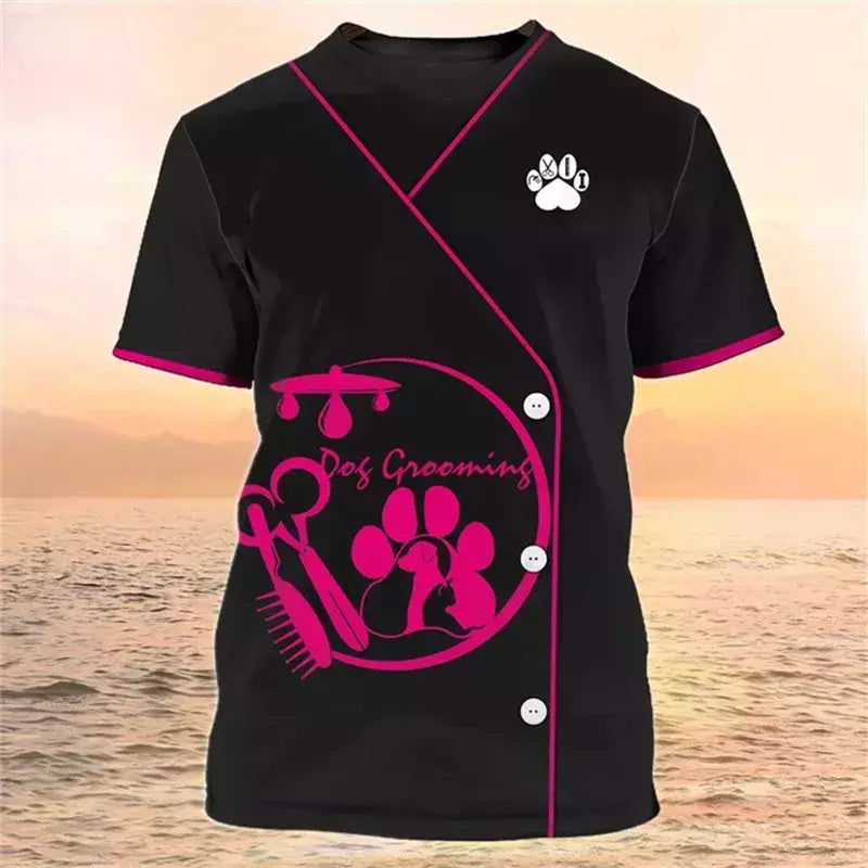Dog Groomer's T-shirts para homens e mulheres, Pet Grooming Uniformes, Tops roupas, canino, veterinário, cabeleireiros, trabalho canino, 2024