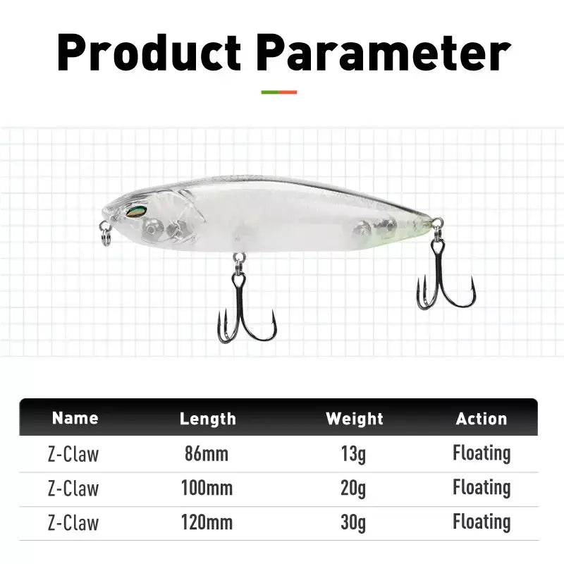 Leydun z-garra flutuante lápis iscas de pesca 86mm 100mm 120mm topwater iscas duras superfície stickbait boa ação baixo wobblers