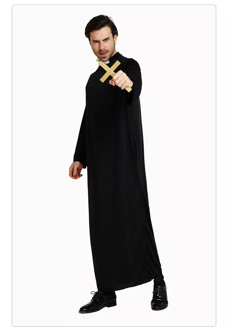 Adultos todo preto robe padrinho role play traje com cruz pastor missionários traje de halloween desempenho palco