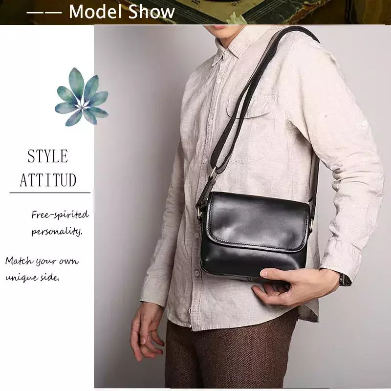 Bolsa de ombro retrô de couro genuíno masculina, grande capacidade, bolsa transversal diagonal, bolsa pequena para iPad, cavalo louco