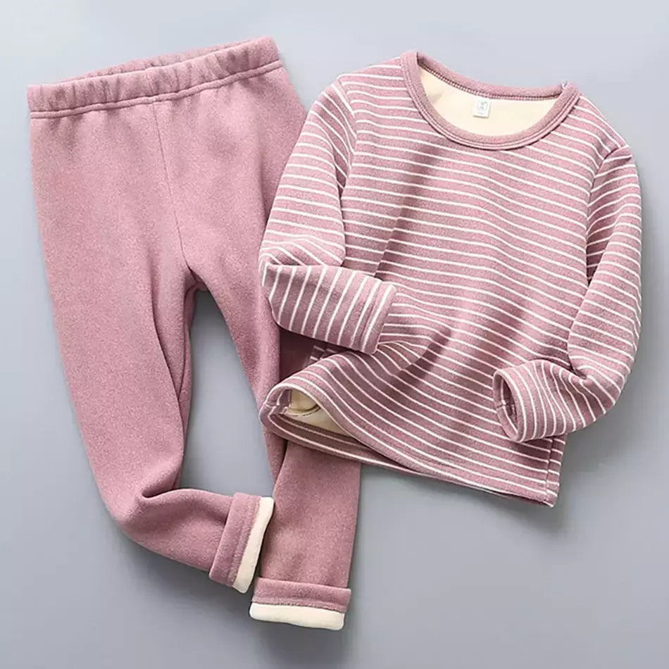 Conjuntos de pijama listrado forrado de pelúcia para crianças, aconchegante, caloroso, projetado para outono e inverno, homewear, adequado para crianças, uso diário e sono