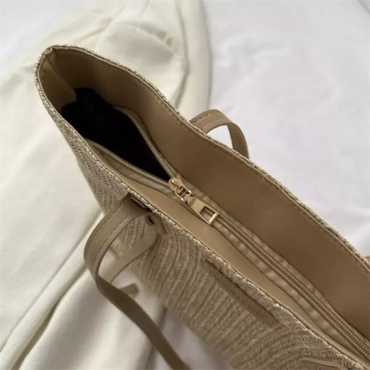 Sacola tecida estilo minimalista para mulheres, grande capacidade, bolsa de praia casual, tecido grama, bolsa de ombro, verão, 1 pc