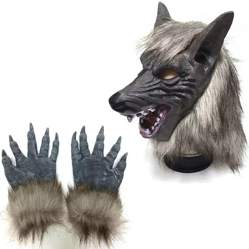 Halloween assustador lobo cosplay máscara de lobo lobisomem garras conjunto luvas terror diabo fantasia cocar desempenho adereços festa vestir-se