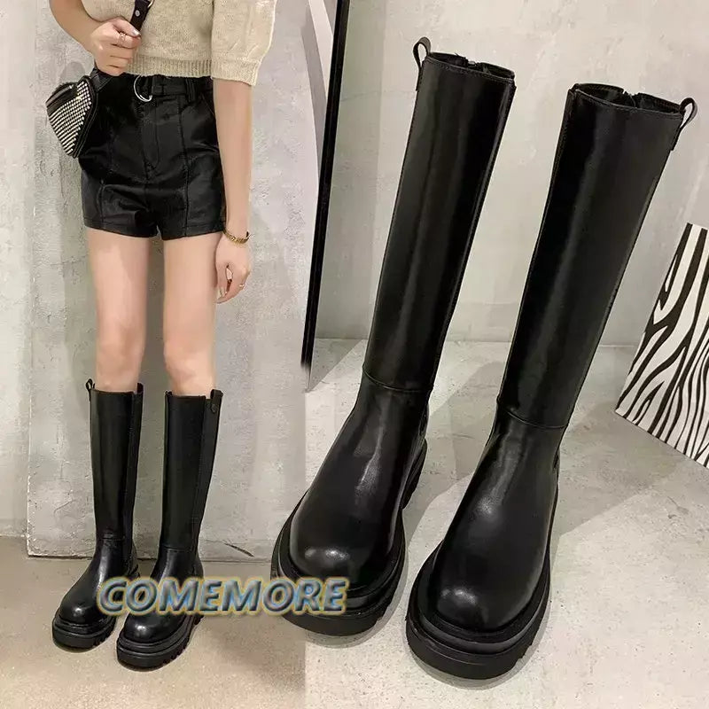 Botas pretas compridas de couro PU femininas, botas com zíper plataforma, antiderrapantes, altura do joelho, designer de luxo, casual, primavera, outono, moda