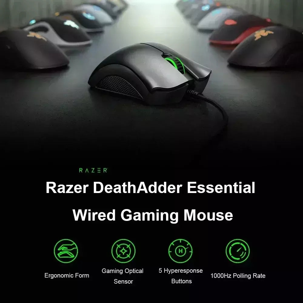 Razer-DeathAdder Essential Wired Gaming Mouse, 6400DPI, Sensor Óptico, 5 Botões Independentemente, Laptop, PC, Gamer, Original