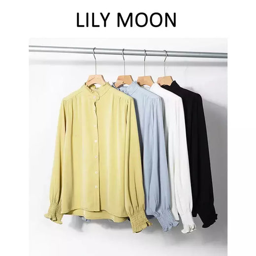 LILYMOON-Camisa de manga comprida feminina, colarinho francês, orelha de madeira, camisa casual coreana, Tops Y2K, pulôver elegante solto, batida na rua
