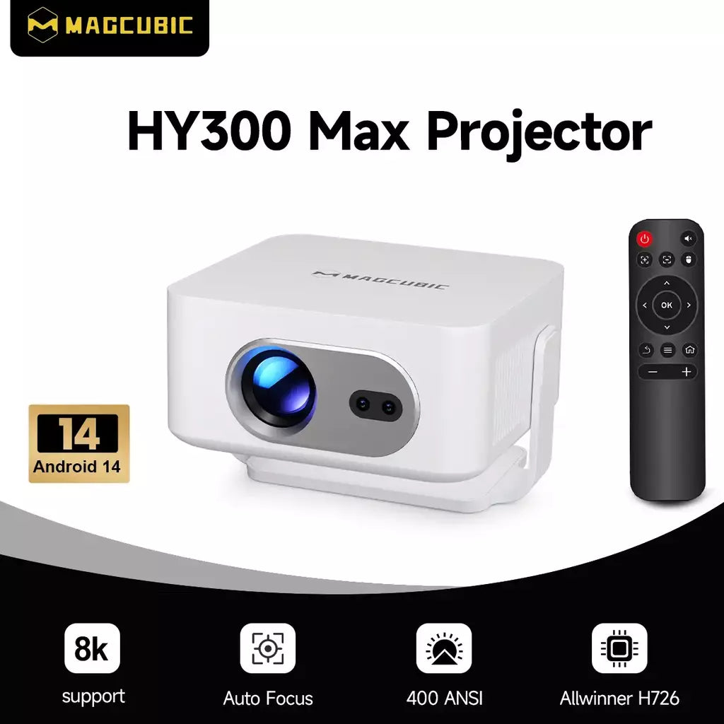 Magcubic foco automático android 14 4k projetor 400ansi 8k nativo 720p hy300 max com wifi6 bt5.4 allwinner h726 portátil ao ar livre