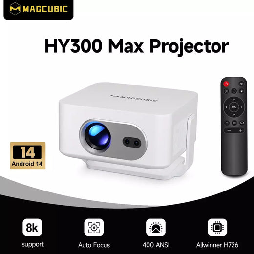 Magcubic foco automático android 14 4k projetor 400ansi 8k nativo 720p hy300 max com wifi6 bt5.4 allwinner h726 portátil ao ar livre