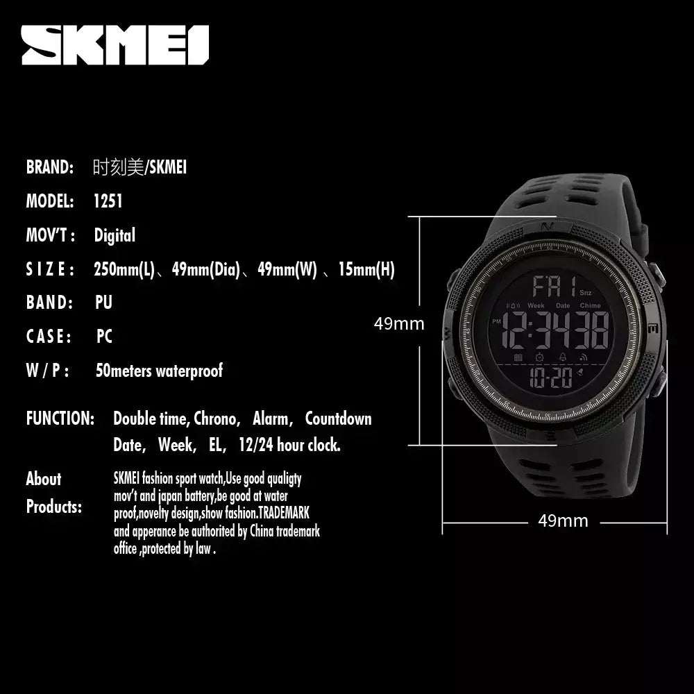 Skmei 1251 relógio digital à prova d'água para homens, relógio de pulso eletrônico esportivo com contagem regressiva, relógio militar led 1560 reloj hombre