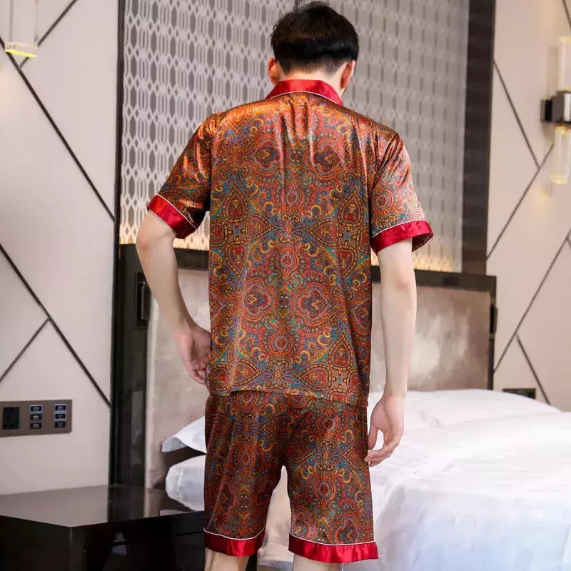 Conjuntos de pijama masculino de cetim de seda manga comprida, pijamas masculinos, camisola estampada, Casa, Soft Cozy Sleepwear Calças, Novo