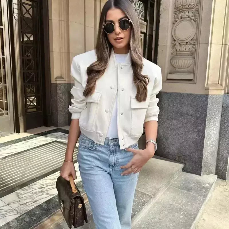 Jaqueta Bomber Cropped feminina, Casaco de manga comprida, Beisebol de botões, Casaco Aviador, Preto, Branco, Outono, Inverno