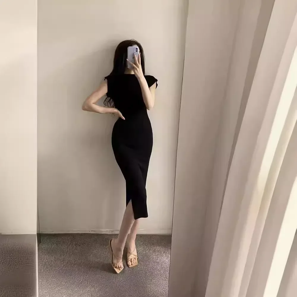 Verão novo sexy atrevido puro desejo estético fora do ombro vestido longo para as mulheres na moda fenda lateral hip cobrindo vestido